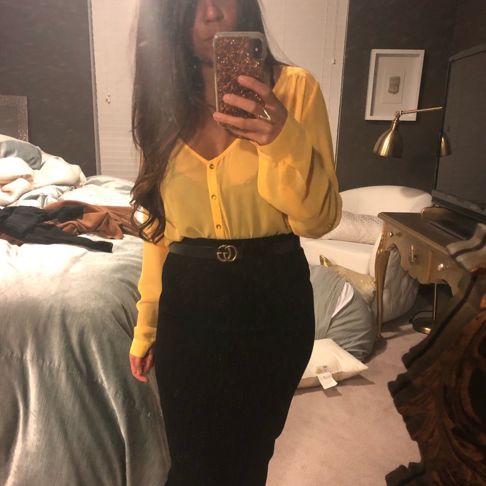 Bebe yellow semi sheer blouse